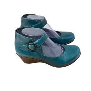 Dansko Rebel Wedgee Mary Jane Shoes Green Emerald Ankle Strap Womens 38 US 7.5-8